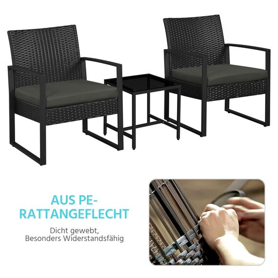 Yaheetech Balkonmöbel Set, Gartenmöbel-Set aus PE-Polyrattan Wetterfest inkl. 2 Stühle mit Sitzkissen & Tisch, 3 Teilig Terrassenmöbel Sitzgruppe Lounge Set für Balkon/Terrasse/Garten, Schwarz-Grau