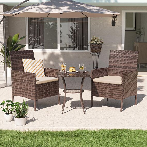 UDPATIO Gartenmöbel Set 3-Teilige Lounge Balkonmöbel Set mit Gartentisch und 2 Stühlen für Kleiner Balkon Terrasse Draußen, Polyrattan Terrassenmöbel 2 Personen (Braun, Set 3-Teilige)