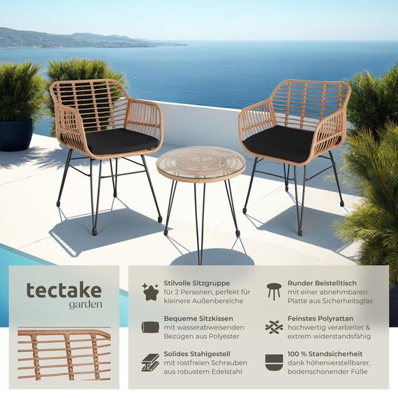 tectake® Outdoor Rattan Sitzgruppe, Möbel für 2 Personen, 3-TLG. Bistroset, Balkonmöbel, Gartenmöbel Set mit 2X Stühle + Tisch, kleine Lounge wetterfest für Garten Balkon Terrasse -Natur