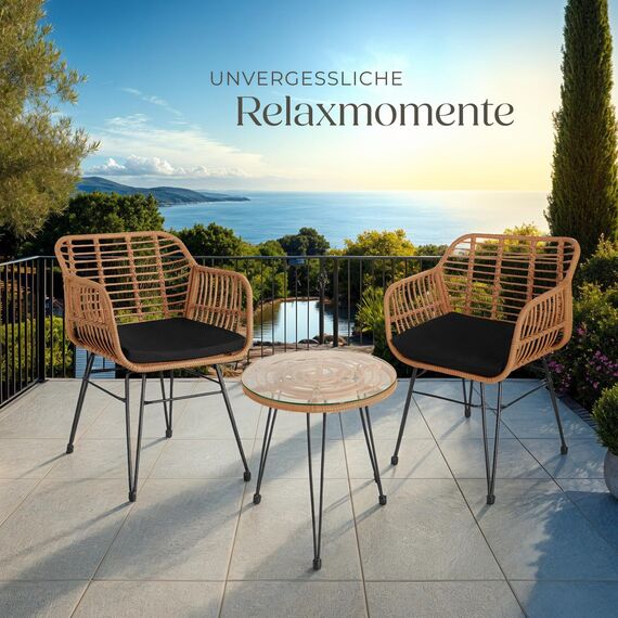 tectake® Outdoor Rattan Sitzgruppe, Möbel für 2 Personen, 3-TLG. Bistroset, Balkonmöbel, Gartenmöbel Set mit 2X Stühle + Tisch, kleine Lounge wetterfest für Garten Balkon Terrasse -Natur