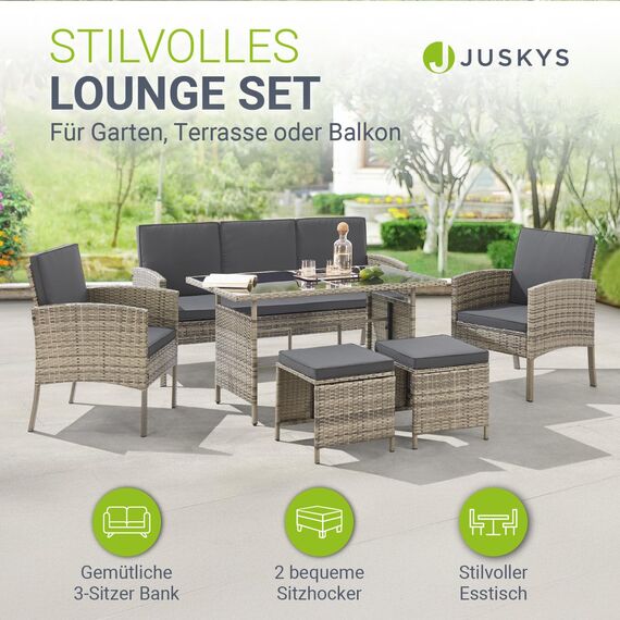 Juskys Polyrattan Gartenmöbel Sitzgruppe Turin Set 6 teilig - 7 Personen - Outdoor Möbel mit Sessel, Hocker, Tisch & Kissen - Garten Loungemöbel grau-meliert