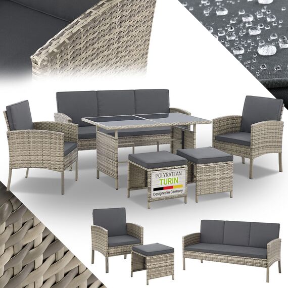 Juskys Polyrattan Gartenmöbel Sitzgruppe Turin Set 6 teilig - 7 Personen - Outdoor Möbel mit Sessel, Hocker, Tisch & Kissen - Garten Loungemöbel grau-meliert