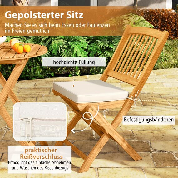 COSTWAY 3tlg. Balkonmöbel Set, Bistrotisch mit 2 Stühlen, klappbares Balkonset aus Akazienholz mit 2 Kissen, Bistroset, Gartengarnitur, Gartenmöbel, Sitzgarnitur, Sitzgruppe für Garten, Balkon (Beige)