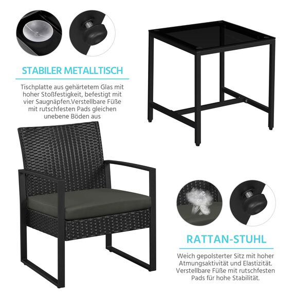Yaheetech Balkonmöbel Set, Gartenmöbel-Set aus PE-Polyrattan Wetterfest inkl. 2 Stühle mit Sitzkissen & Tisch, 3 Teilig Terrassenmöbel Sitzgruppe Lounge Set für Balkon/Terrasse/Garten, Schwarz-Grau