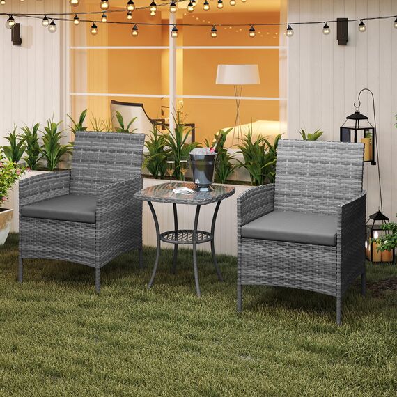 Amopatio Rattan Gartenmöbel Set, Balkonmöbel Set Kleiner 3 teilig, Outdoor Gartenlounge Wetterfest, Bistrotisch mit 2 stühlen, Terrassenmöbel für Terrasse, Balkon, Garten, Grau