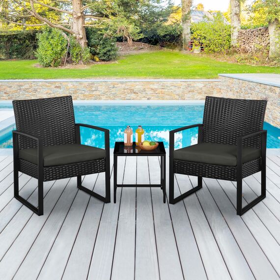 Yaheetech Balkonmöbel Set, Gartenmöbel-Set aus PE-Polyrattan Wetterfest inkl. 2 Stühle mit Sitzkissen & Tisch, 3 Teilig Terrassenmöbel Sitzgruppe Lounge Set für Balkon/Terrasse/Garten, Schwarz-Grau