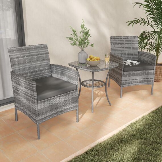 Amopatio Rattan Gartenmöbel Set, Balkonmöbel Set Kleiner 3 teilig, Outdoor Gartenlounge Wetterfest, Bistrotisch mit 2 stühlen, Terrassenmöbel für Terrasse, Balkon, Garten, Grau