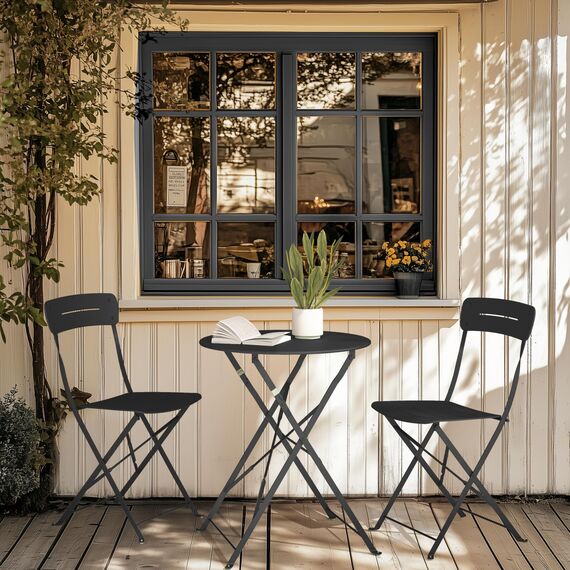Grand patio Bistrotisch mit 2 Stühlen, Balkonmöbel Set 3 Teilig, Terrassenmöbel Wetterfest, Bistro Set, Balkon Garten Möbel Set für Kleinen Balkon (schwarz)