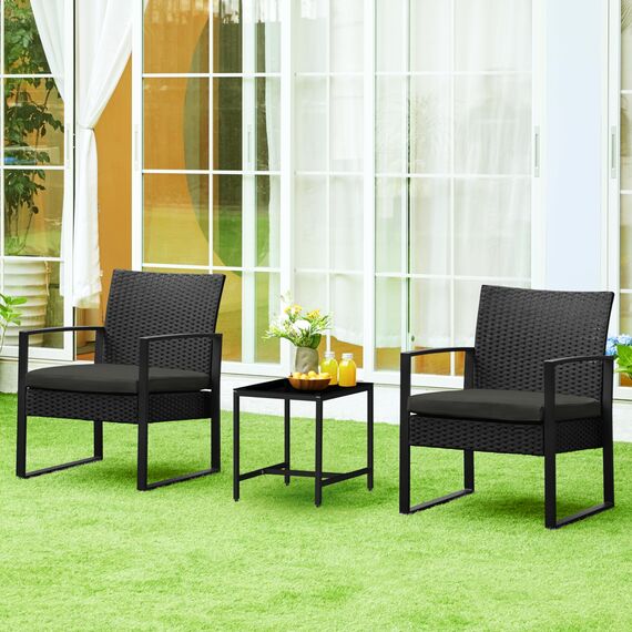 Yaheetech Balkonmöbel Set, Gartenmöbel-Set aus PE-Polyrattan Wetterfest inkl. 2 Stühle mit Sitzkissen & Tisch, 3 Teilig Terrassenmöbel Sitzgruppe Lounge Set für Balkon/Terrasse/Garten, Schwarz-Grau