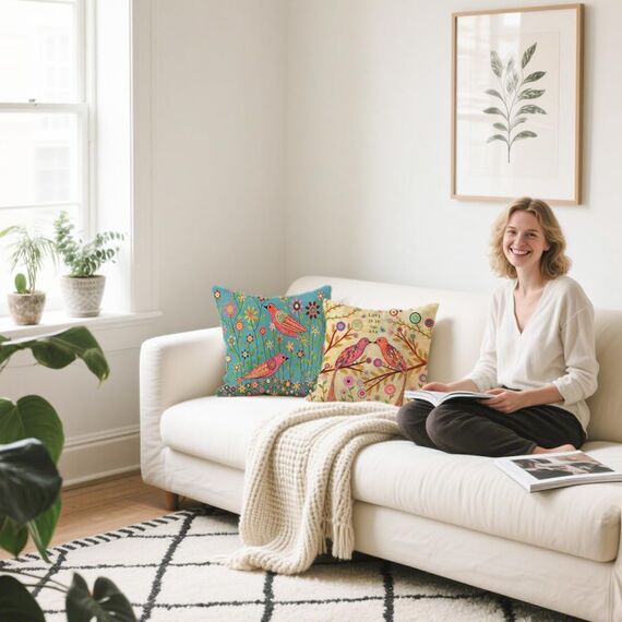 Cirzone Wasserdichte Kissenbezug 4 Stück 45 x 45 cm Dekorative Outdoor Kissen Wasserfest Atmungsaktiv Vögel und Blumen Kissenbezug Werden für Sofakissen Garten Outdoor