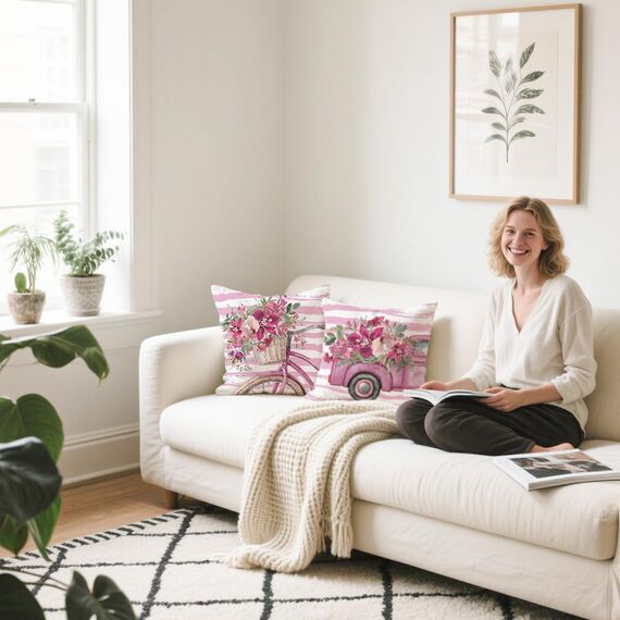 Cirzone Outdoor Kissen Dekorative Wasserfest 4 er Frühling Kissenbezug 45 x 45 cm Gartenkissen Wetterfest Atmungsaktiv GNOME Rosa LKW Kissenbezug Werden für Heim Sofak Garten