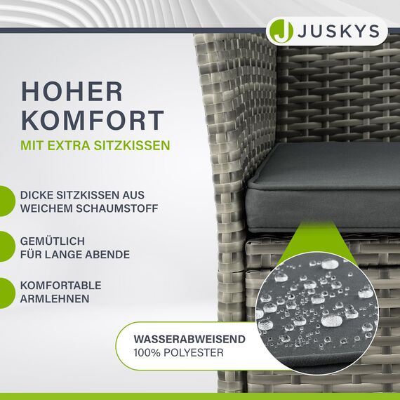 Juskys Polyrattan Gartenbank Monaco - 2-Sitzer Bank mit Tisch & Kissen - 133x63x84 cm - Rattan Sitzbank wetterfest Garten Balkon - grau-meliert