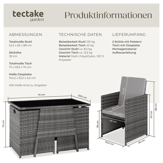tectake® Poly Rattan Sitzgruppe für 2 Personen, Outdoor Möbel platzsparend zusammenschiebbar, 2 Sessel & 1 Tisch, ideales Balkon Lounge Set, Gartenmöbel, Terrassenmöbel wetterfest - grau
