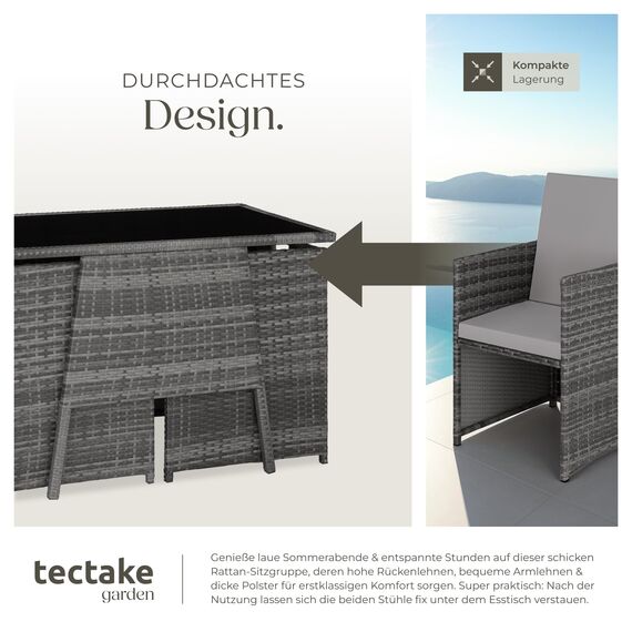tectake® Poly Rattan Sitzgruppe für 2 Personen, Outdoor Möbel platzsparend zusammenschiebbar, 2 Sessel & 1 Tisch, ideales Balkon Lounge Set, Gartenmöbel, Terrassenmöbel wetterfest - grau