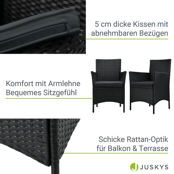 Juskys Polyrattan Balkon Set Bayamo 2 Personen - Tisch mit Glasplatte & 2 Stühlen - Wetterfeste Balkonmöbel - Auflagen waschbar - schwarz - grau