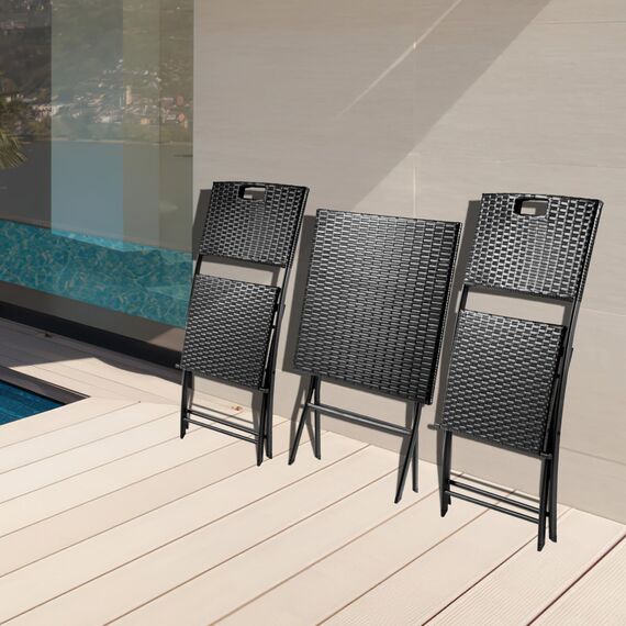 LIFERUN Balkonmöbel Set Bistro, Balkonmöbel Rattan Set, Bistro Gartenmöbel Set 3-teilige, Klappbar Balkontisch mit 2PCS Klappstühle, Schwarze Balkon Set, Balkonmöbel Klappbar, Rattan-Sitzgruppe