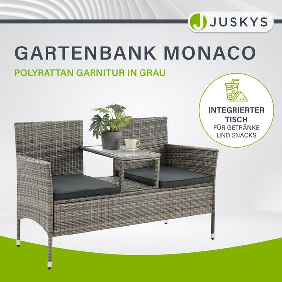 Juskys Polyrattan Gartenbank Monaco - 2-Sitzer Bank mit Tisch & Kissen - 133x63x84 cm - Rattan Sitzbank wetterfest Garten Balkon - grau-meliert