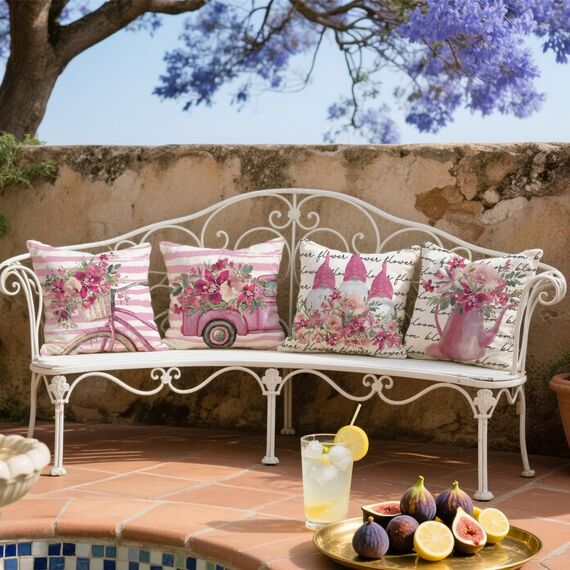 Cirzone Outdoor Kissen Dekorative Wasserfest 4 er Frühling Kissenbezug 45 x 45 cm Gartenkissen Wetterfest Atmungsaktiv GNOME Rosa LKW Kissenbezug Werden für Heim Sofak Garten