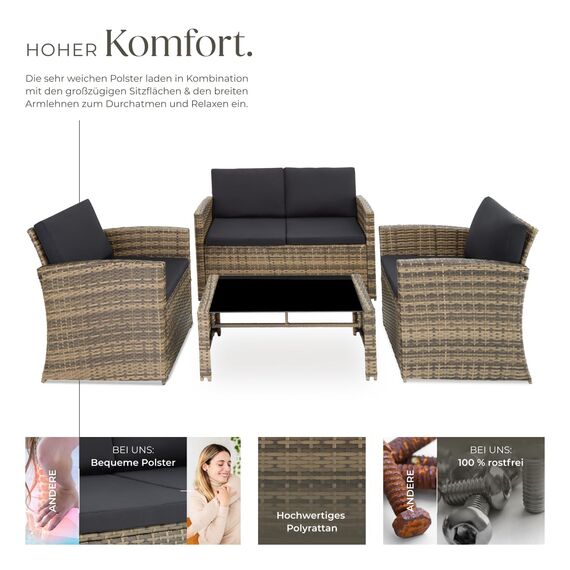 tectake Lounge Gartenmöbel Set Poly Rattan für den Garten, Möbel für den Balkon, 12-teilige Garten Lounge (wetterfest), Essgruppe mit Outdoor Sofa, Sessel und Tisch für 4 Personen (Natur/Dunkelgrau)