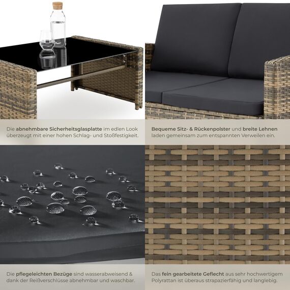 tectake Lounge Gartenmöbel Set Poly Rattan für den Garten, Möbel für den Balkon, 12-teilige Garten Lounge (wetterfest), Essgruppe mit Outdoor Sofa, Sessel und Tisch für 4 Personen (Natur/Dunkelgrau)
