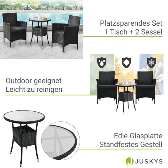 Juskys Polyrattan Balkon Set Bayamo 2 Personen - Tisch mit Glasplatte & 2 Stühlen - Wetterfeste Balkonmöbel - Auflagen waschbar - schwarz - grau