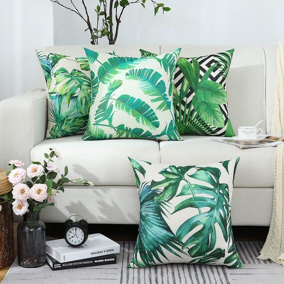 Cirzone Wasserdichte Kissenbezugen 4 Stück 45 x 45 cm Dekorative Outdoor Kissen Wasserfest Atmungsaktiv Tropische Pflanzen Kissenbezugen werden für Sofakissen Garten Outdoor