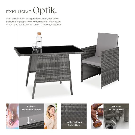 tectake® Poly Rattan Sitzgruppe für 2 Personen, Outdoor Möbel platzsparend zusammenschiebbar, 2 Sessel & 1 Tisch, ideales Balkon Lounge Set, Gartenmöbel, Terrassenmöbel wetterfest - grau