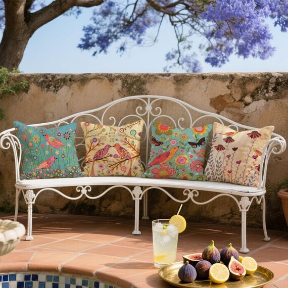 Cirzone Wasserdichte Kissenbezug 4 Stück 45 x 45 cm Dekorative Outdoor Kissen Wasserfest Atmungsaktiv Vögel und Blumen Kissenbezug Werden für Sofakissen Garten Outdoor