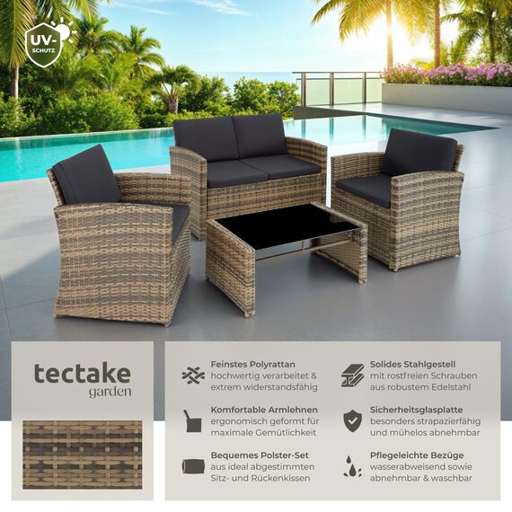 tectake Lounge Gartenmöbel Set Poly Rattan für den Garten, Möbel für den Balkon, 12-teilige Garten Lounge (wetterfest), Essgruppe mit Outdoor Sofa, Sessel und Tisch für 4 Personen (Natur/Dunkelgrau)