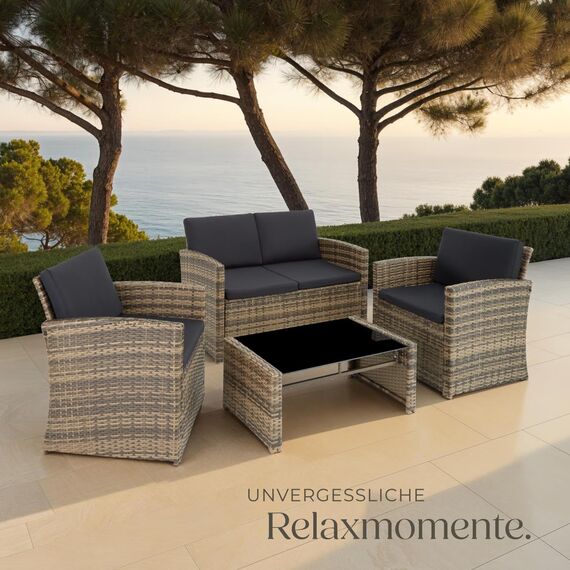 tectake Lounge Gartenmöbel Set Poly Rattan für den Garten, Möbel für den Balkon, 12-teilige Garten Lounge (wetterfest), Essgruppe mit Outdoor Sofa, Sessel und Tisch für 4 Personen (Natur/Dunkelgrau)