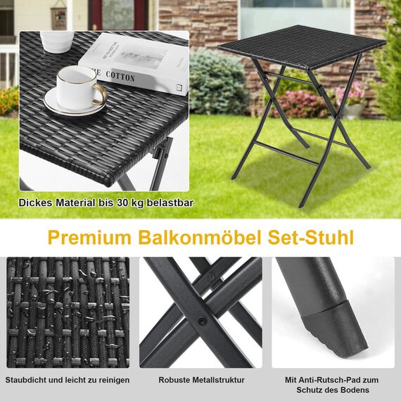 LIFERUN Balkonmöbel Set Bistro, Balkonmöbel Rattan Set, Bistro Gartenmöbel Set 3-teilige, Klappbar Balkontisch mit 2PCS Klappstühle, Schwarze Balkon Set, Balkonmöbel Klappbar, Rattan-Sitzgruppe