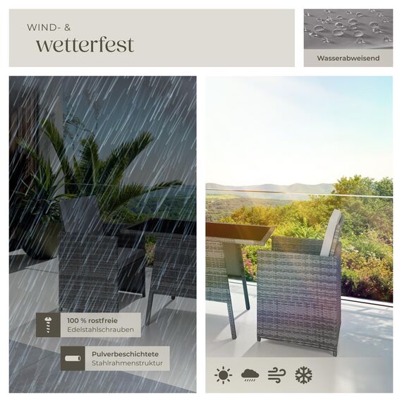 tectake® Poly Rattan Sitzgruppe für 2 Personen, Outdoor Möbel platzsparend zusammenschiebbar, 2 Sessel & 1 Tisch, ideales Balkon Lounge Set, Gartenmöbel, Terrassenmöbel wetterfest - grau