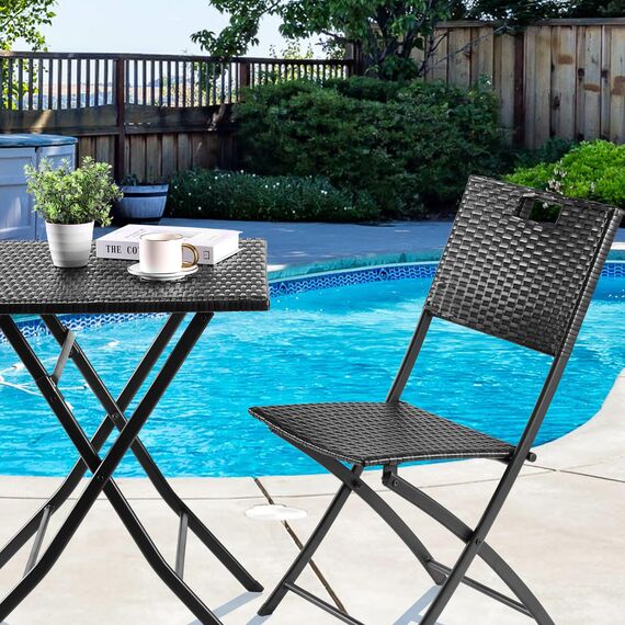 LIFERUN Balkonmöbel Set Bistro, Balkonmöbel Rattan Set, Bistro Gartenmöbel Set 3-teilige, Klappbar Balkontisch mit 2PCS Klappstühle, Schwarze Balkon Set, Balkonmöbel Klappbar, Rattan-Sitzgruppe