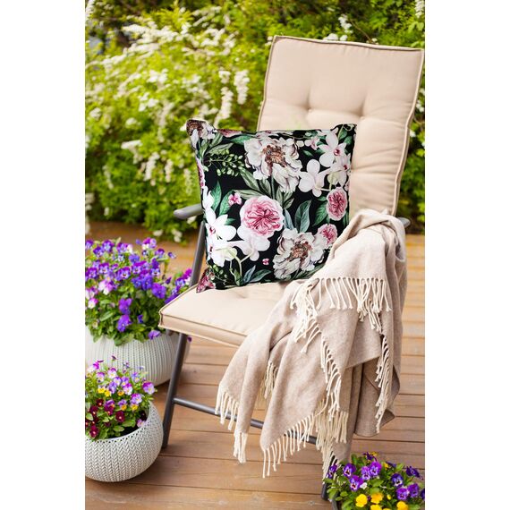 heimtexland ® Outdoorkissen Dekokissen Schmutz- und Wasserabweisend Vintage Garten Outdoor Kissen Blumen Schwarz Typ675