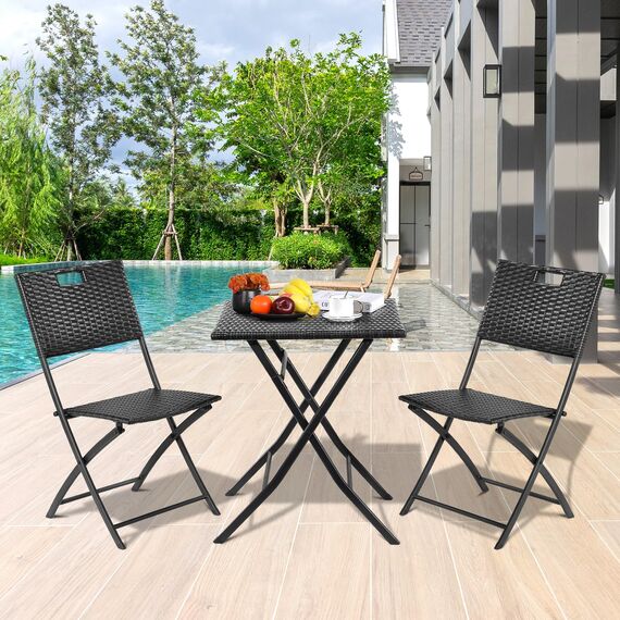 LIFERUN Balkonmöbel Set Bistro, Balkonmöbel Rattan Set, Bistro Gartenmöbel Set 3-teilige, Klappbar Balkontisch mit 2PCS Klappstühle, Schwarze Balkon Set, Balkonmöbel Klappbar, Rattan-Sitzgruppe
