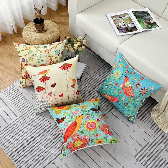 Cirzone Wasserdichte Kissenbezug 4 Stück 45 x 45 cm Dekorative Outdoor Kissen Wasserfest Atmungsaktiv Vögel und Blumen Kissenbezug Werden für Sofakissen Garten Outdoor