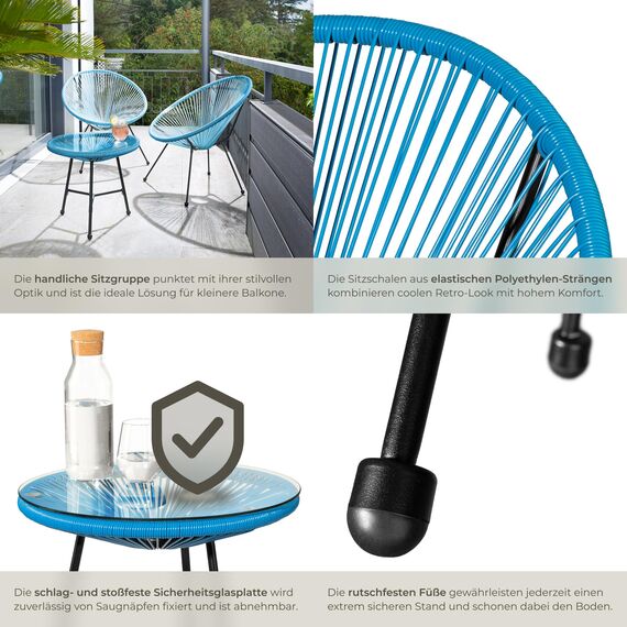 tectake® Set 2X Stuhl 1x Beistelltisch Acapulco, Gartenstuhl, Gartenstühle im Retro Design, Indoor und Outdoor Sessel für Garten, Wintergarten, als Terrassenstühle oder Balkon Sessel - blau