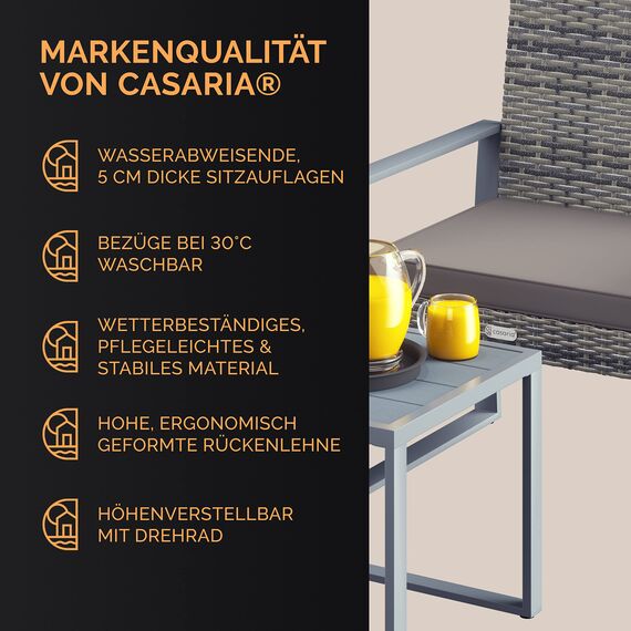 Casaria® Balkonmöbel Set WPC Tisch 160kg Belastbarkeit Polyrattan 2 Stühle Auflagen höhenverstellbare Füße Outdoor Wetterfest Garten Balkon Möbel Lounge Grau