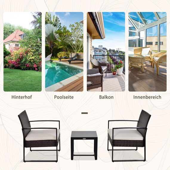 Outsunny Rattan Gartenmöbel Set Polyrattan 3 TLG. Balkonmöbel, mit Kissen Garten Braun+Creme