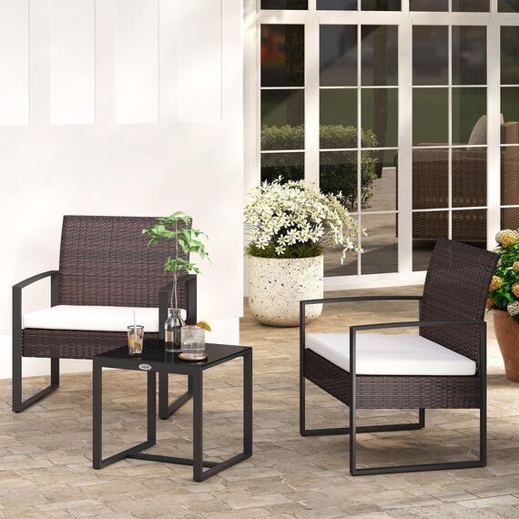 Outsunny Rattan Gartenmöbel Set Polyrattan 3 TLG. Balkonmöbel, mit Kissen Garten Braun+Creme