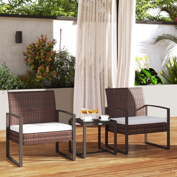 Outsunny Rattan Gartenmöbel Set Polyrattan 3 TLG. Balkonmöbel, mit Kissen Garten Braun+Creme