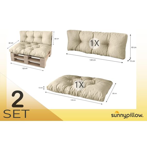 sunnypillow Palettenkissen für Palettenmöbel - 2er Set - Palettenauflage für Palettensofa - Palettenpolster für Garten, Gesteppte Kissen für Europaletten - Sitzkissen & Rückenkissen Cremefarben