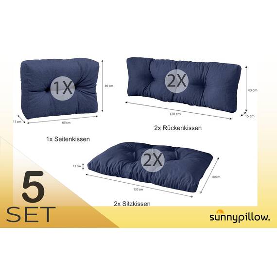sunnypillow Palettenkissen für Palettenmöbel - 5er Set - Palettenauflage 120 x 80 für Palettensofa - Palettenpolster für Garten, Gesteppte Kissen für Europaletten - Sitzkissen & Rückenkissen Blau