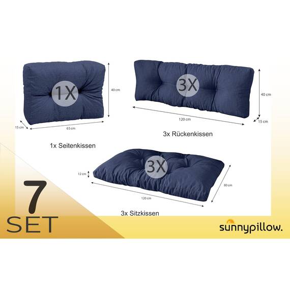 sunnypillow Palettenkissen für Palettenmöbel - 7er Set - Palettenauflage 120 x 80 für Palettensofa - Palettenpolster für Garten, Gesteppte Kissen für Europaletten - Sitzkissen & Rückenkissen Blau
