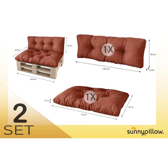 sunnypillow Palettenkissen für Palettenmöbel - 2er Set - Palettenauflage 120 x 80 für Palettensofa - Palettenpolster für Garten, Gesteppte Kissen für Europaletten - Sitzkissen & Rückenkissen Orange