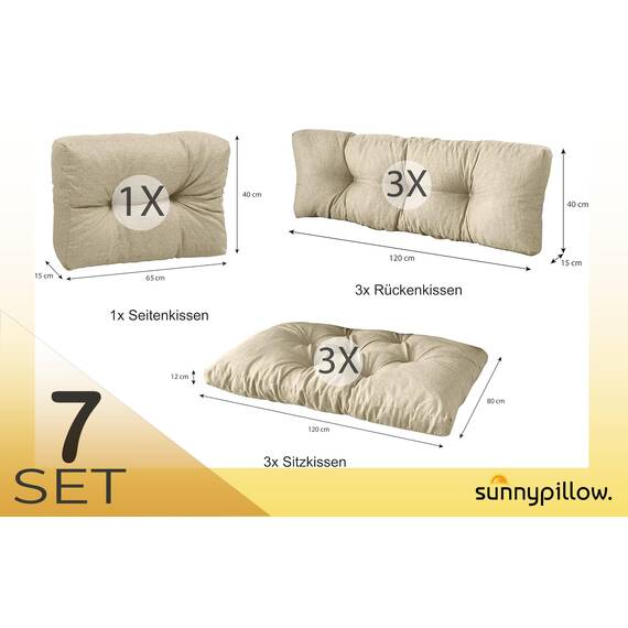 sunnypillow Palettenkissen für Palettenmöbel - 7er Set - Palettenauflage für Palettensofa - Palettenpolster für Garten, Gesteppte Kissen für Europaletten - Sitzkissen & Rückenkissen Cremefarben
