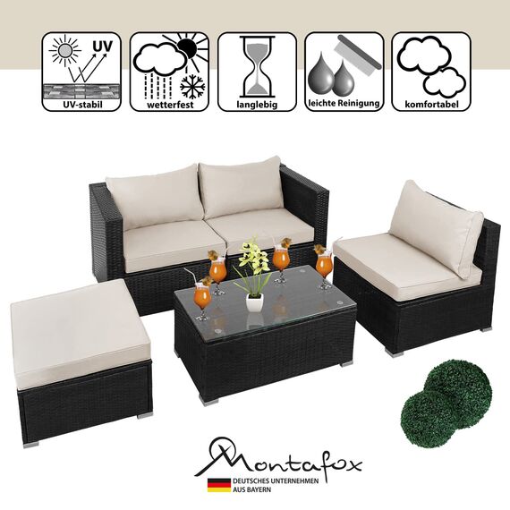 Montafox Poly Rattan Lounge Sitzkissen 8cm Gartenmöbel Ecklounge Frei Kombinierbare Elemente Ecksofa Gartengarnitur Garten Balkon Terrasse Outdoor, Farbe:Titan-Schwarz/Sandstrand