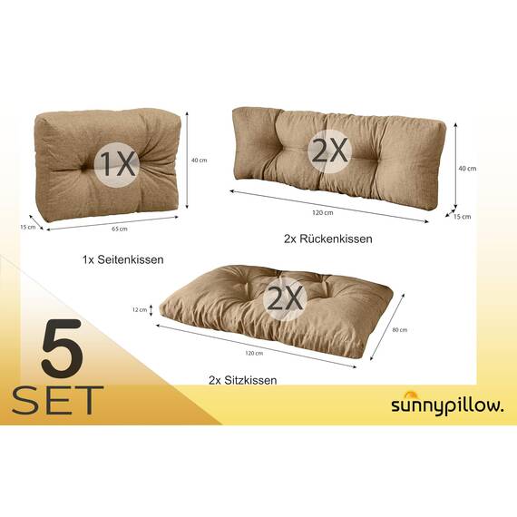 sunnypillow Palettenkissen für Palettenmöbel - 5er Set - Palettenauflage 120 x 80 für Palettensofa - Palettenpolster für Garten, Gesteppte Kissen für Europaletten - Sitzkissen & Rückenkissen Beige