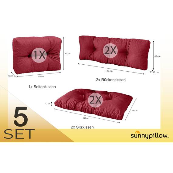 sunnypillow Palettenkissen für Palettenmöbel - 5er Set - Palettenauflage 120 x 80 für Palettensofa - Palettenpolster für Garten, Gesteppte Kissen für Europaletten - Sitzkissen & Rückenkissen Rot