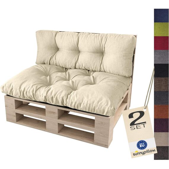 sunnypillow Palettenkissen für Palettenmöbel - 2er Set - Palettenauflage für Palettensofa - Palettenpolster für Garten, Gesteppte Kissen für Europaletten - Sitzkissen & Rückenkissen Cremefarben